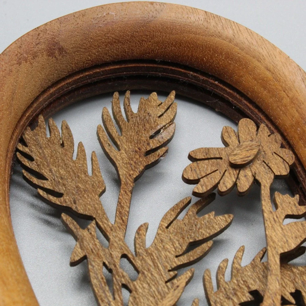 Wooden Floral Wall Plaque Oval Carved Cutout Brown Rustic Folk Art 4in